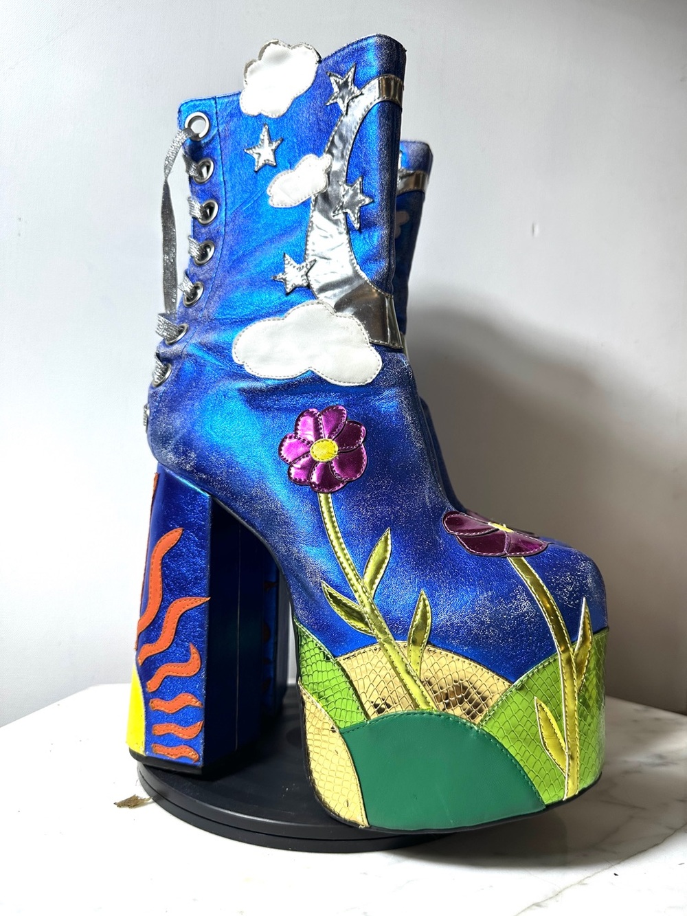 Dolls Kill Metallic Blue Floral Platform Lace-Up Boots with Silver Accents